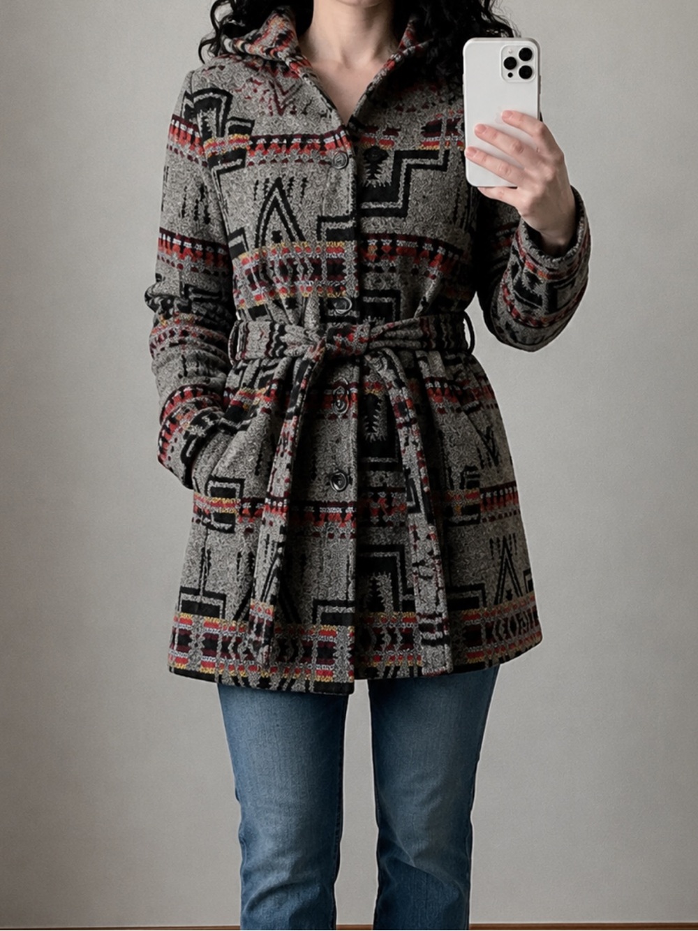 Women's Patterned Belted Coat Jacket - Gray with Red & Black Accents